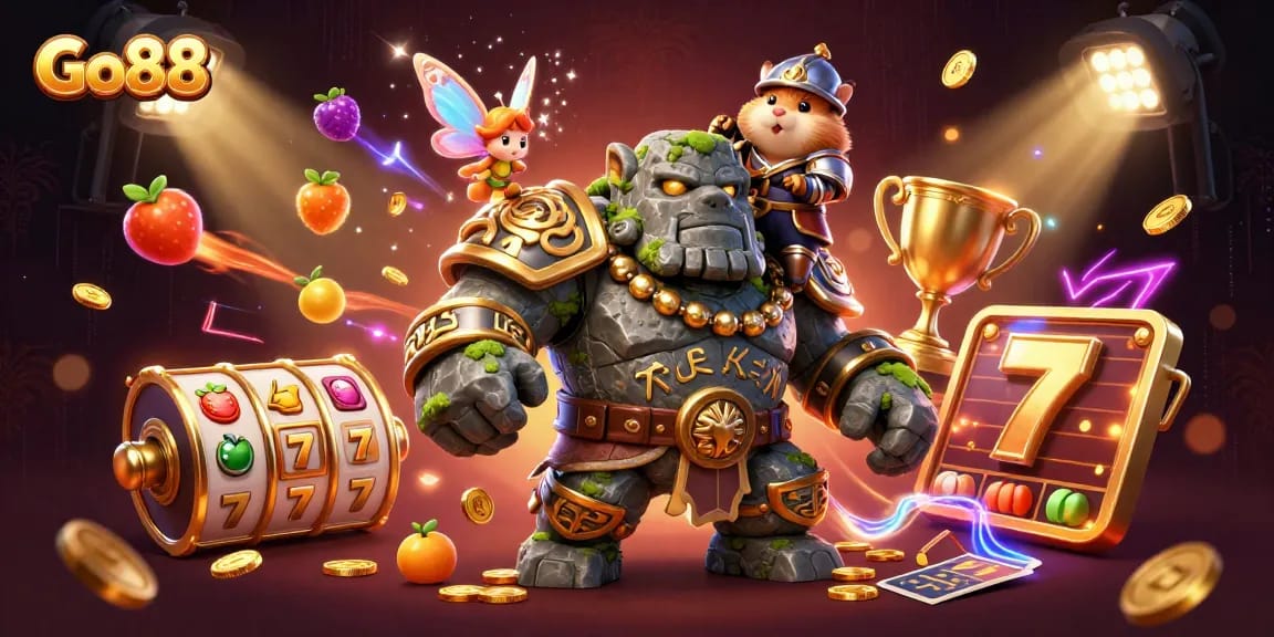 Experience thrilling gaming at Go88 with an engaging illustration of a stone golem and magical elements.