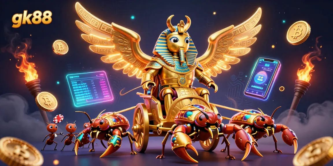 Engage in thrilling adventures with gk88's majestic scarab and scorpions amidst bright cryptocurrencies.