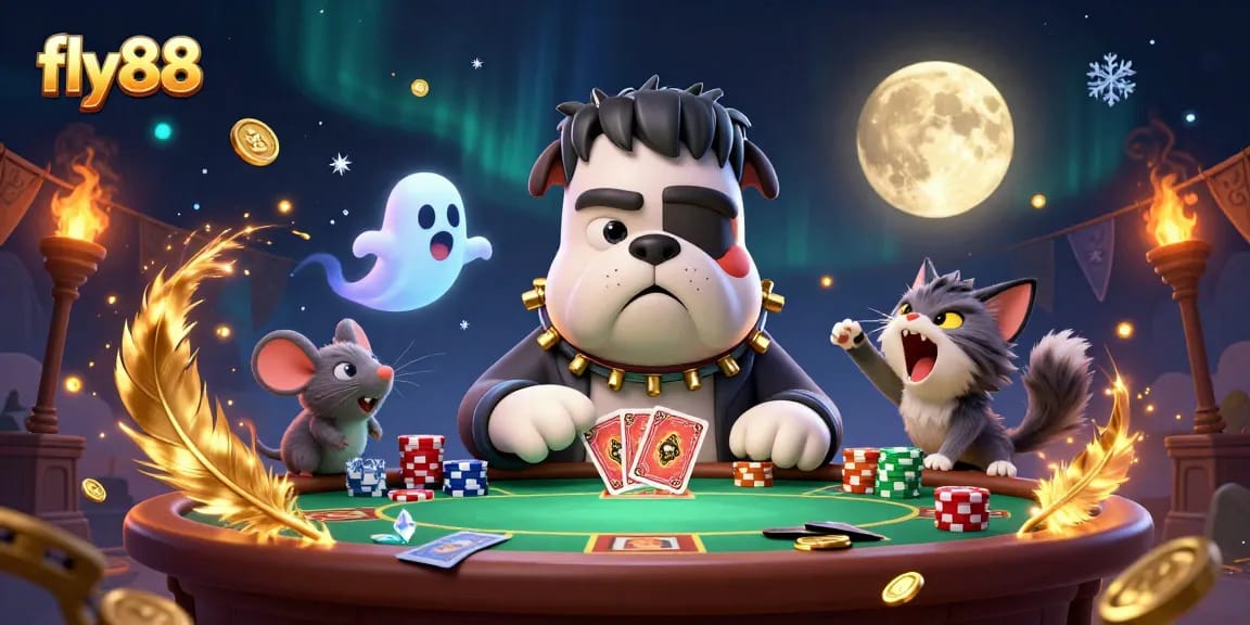 fly88 players enjoying an animated poker game with vibrant characters and atmospheric effects