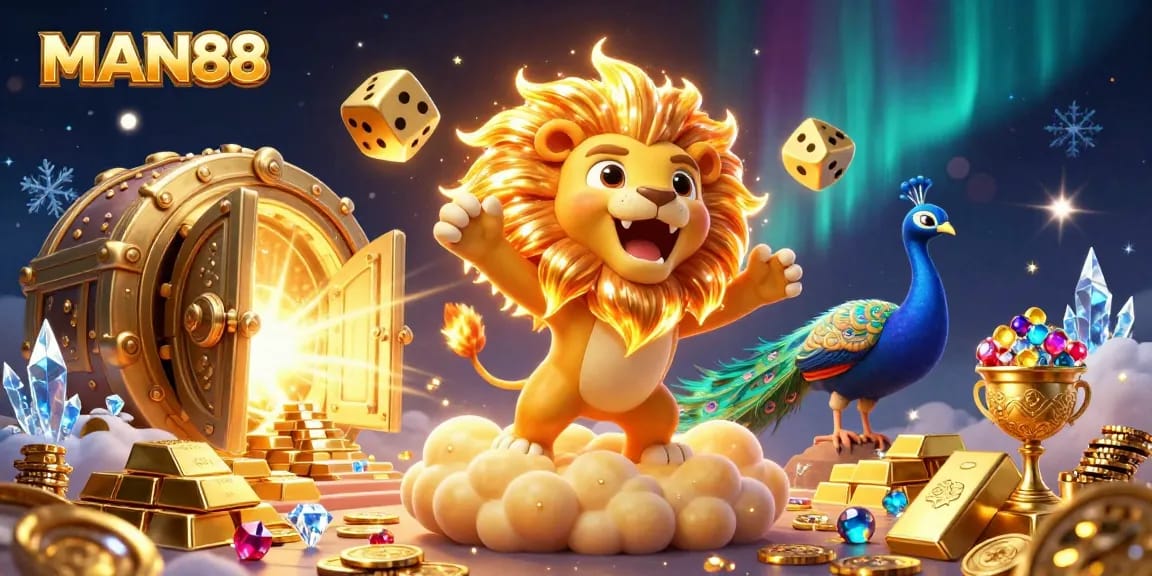 Play exciting games at MAN88, featuring a roaring sun lion and gleaming golden dice amidst wealth.