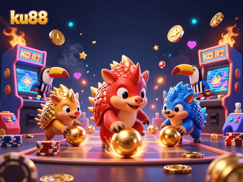 Engaging illustration of ku88 where rival pangolins compete in a bowling game among poker chips.