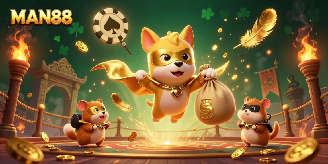Experience thrilling wins at MAN88 while the superhero dog and hamster navigate a vibrant casino world.