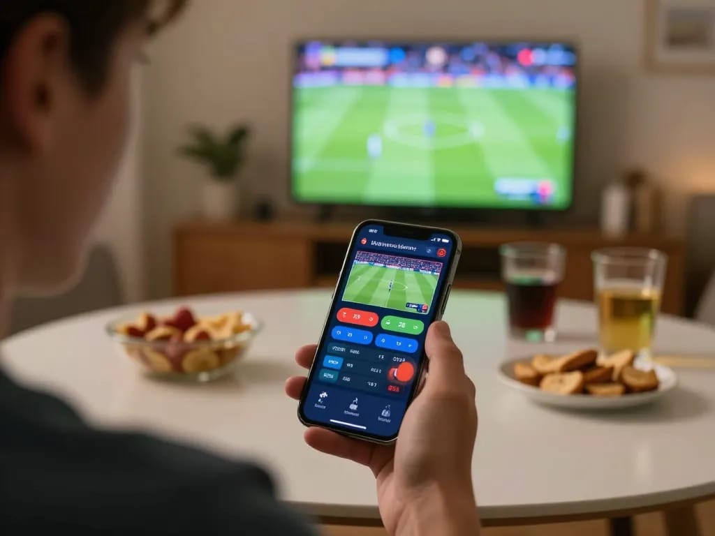 Engaging in soi kèo bóng đá via smartphone at home while enjoying live sports.