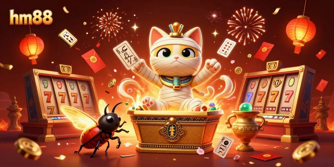 Experience exhilaration at hm88 with a vibrant scene of a mummy cat and scarab amidst dynamic casino elements.