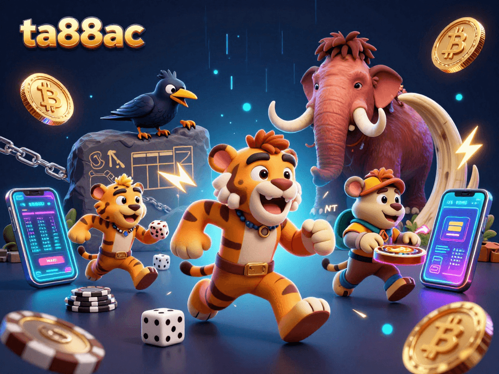 Experience ta88ac's vibrant prehistoric casino scene with cavemen and crypto elements. Join the fun!