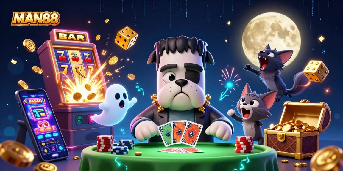 Join the thrill of MAN88 with a vibrant 3D casino scene full of exciting slots and lively characters.