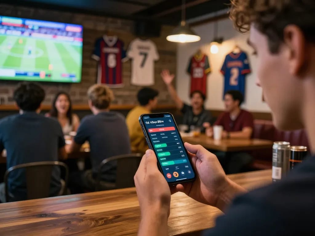Person placing sports bets on the app thể thao 88vv amidst vibrant sports bar excitement.