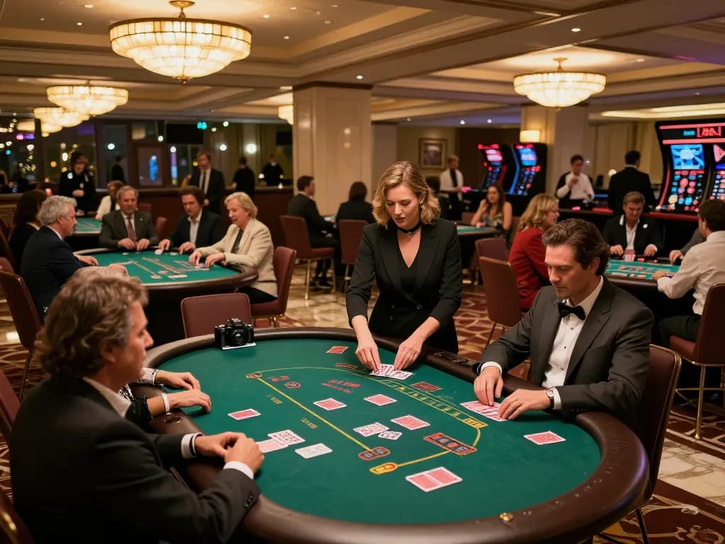 Players at sin88 celebrate wins at a blackjack table illuminated by elegant casino lighting.