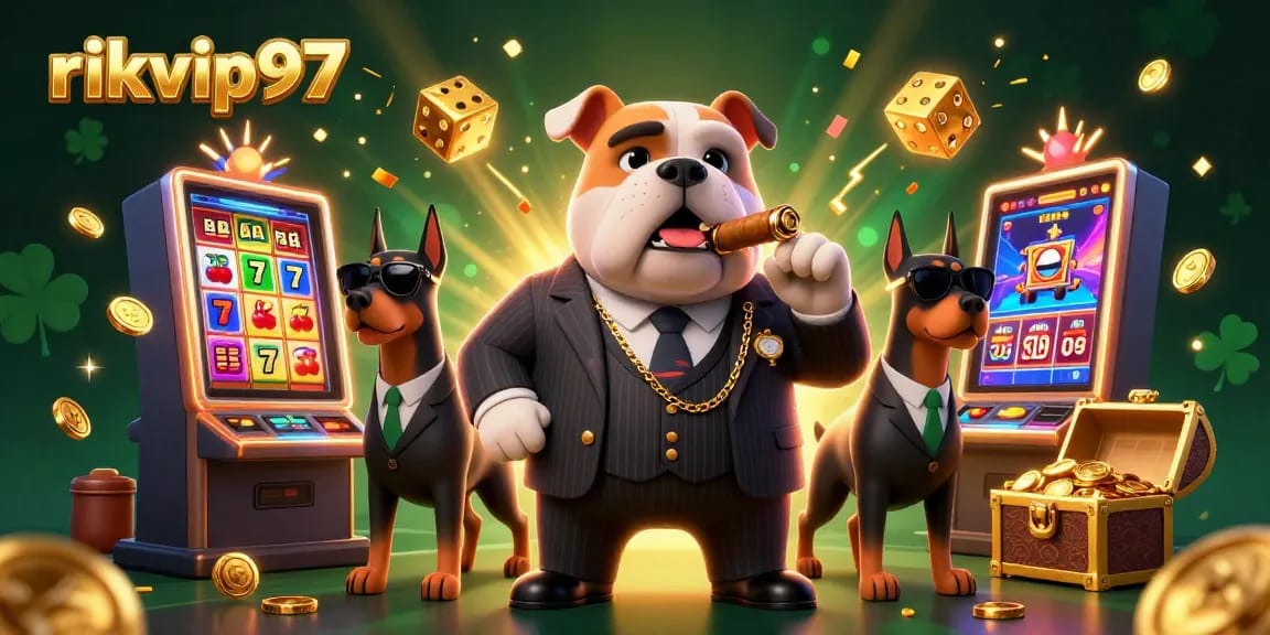 Spin jackpots at rikvip97 with a mafia boss bulldog in a colorful casino scene.