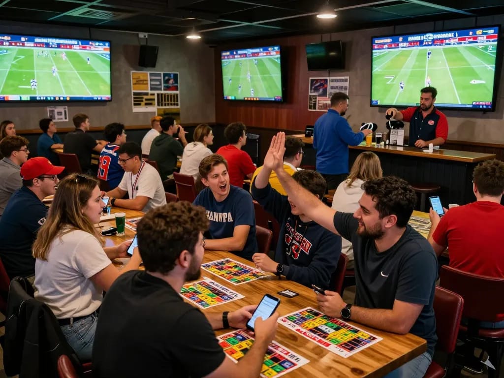 Tỷ lệ kèo nhà cái 5 shown on mobile screen while patrons engage in sports betting at a lively bar.
