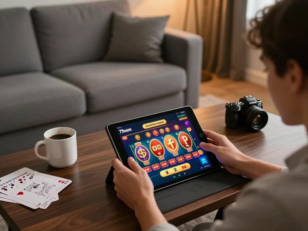 Player excitedly engaging with the 79sodoe online casino app from a cozy home setup.
