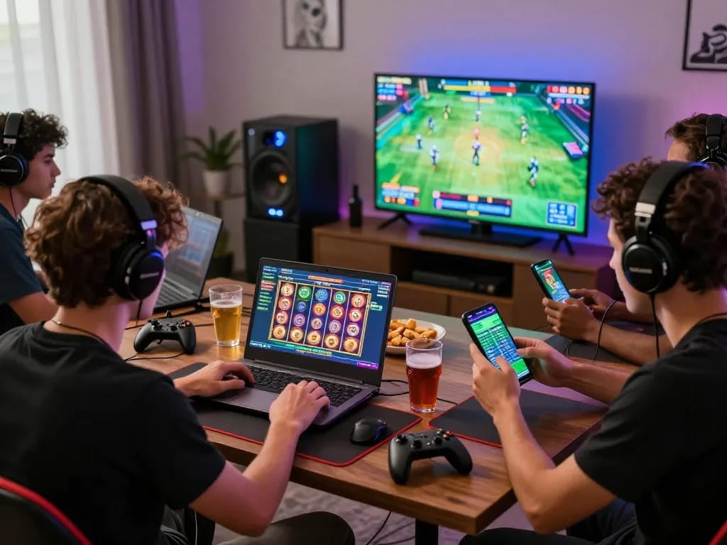 iWin players enjoying online casino games and sports betting in a lively home gaming atmosphere.