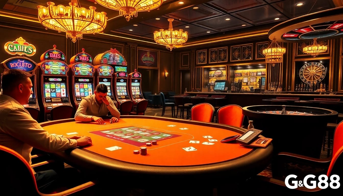 Experience the thrill of high-stakes gambling at GG88 with an elegant poker scene featuring vibrant slot machines.