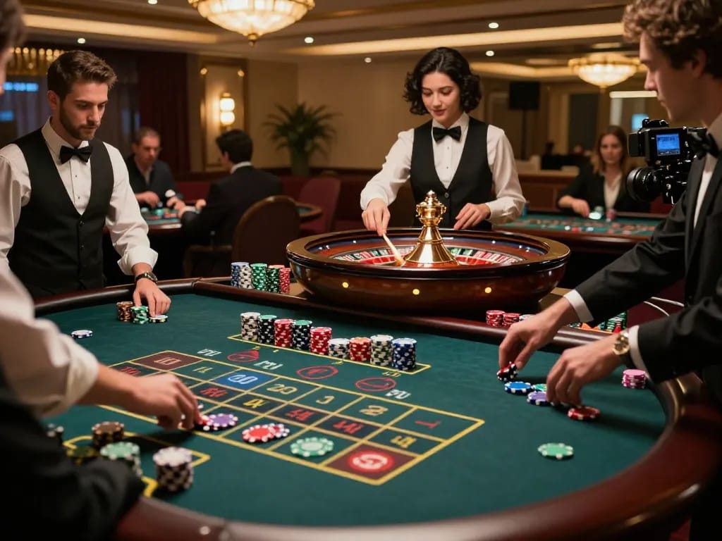 Players enjoying an exciting game of roulette at iwin casino, showcasing vibrant chips and a spinning wheel.