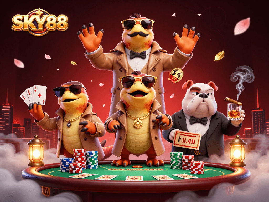 Raptors in trench coat attempting to enter a SKY88 casino, surrounded by colorful poker elements.