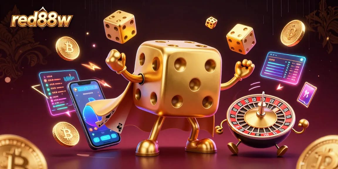 Experience exciting gameplay at red88w with dynamic illustrations of golden dice and crypto elements.