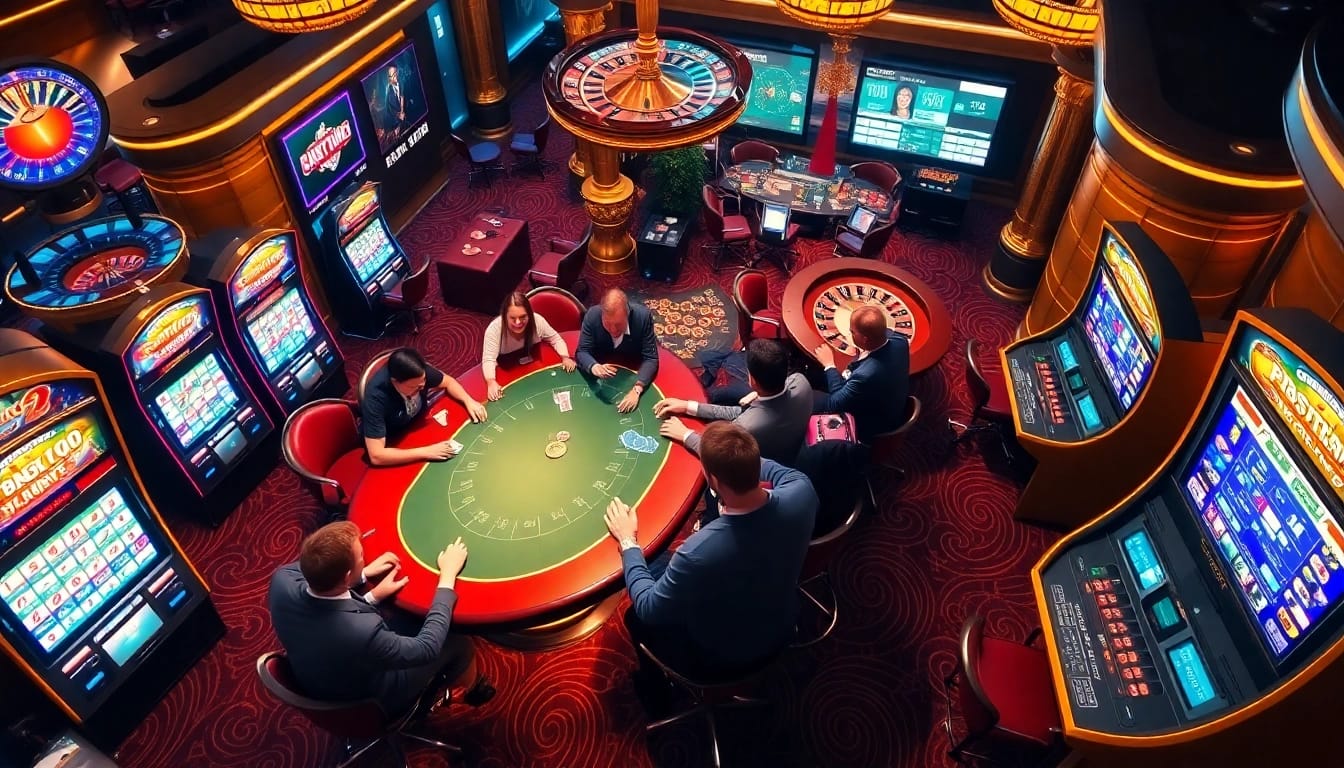 Experience the thrill of a luxurious casino featuring 7mcn-themed gaming tables and vibrant slot machines.