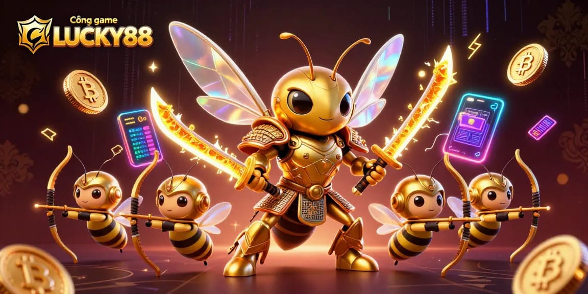 Cổng game LUCKY88 features a vibrant 3D casino scene with a samurai hornet and crypto elements.
