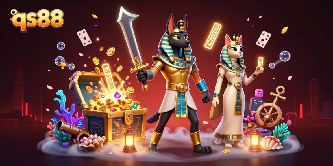 Engage in thrilling adventures at qs88 with an illustration featuring Anubis, Bastet, and glowing hieroglyphs.
