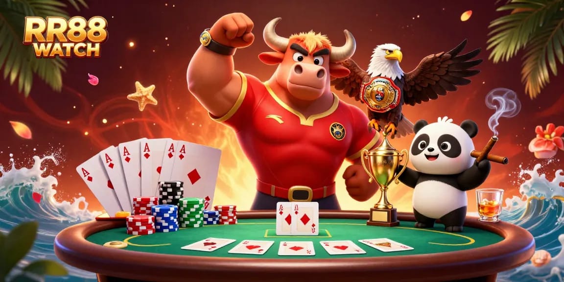 Engage with RR88 WATCH in a vibrant casino scene filled with poker chips and cards.