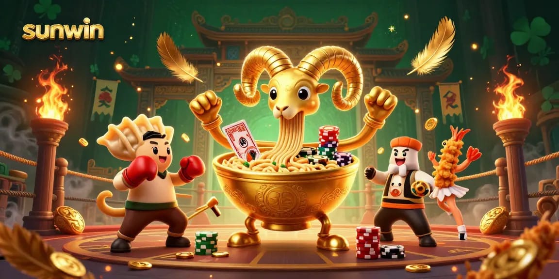 Win big with sunwin featuring a golden ramen bowl dealer, vibrant casino atmosphere.
