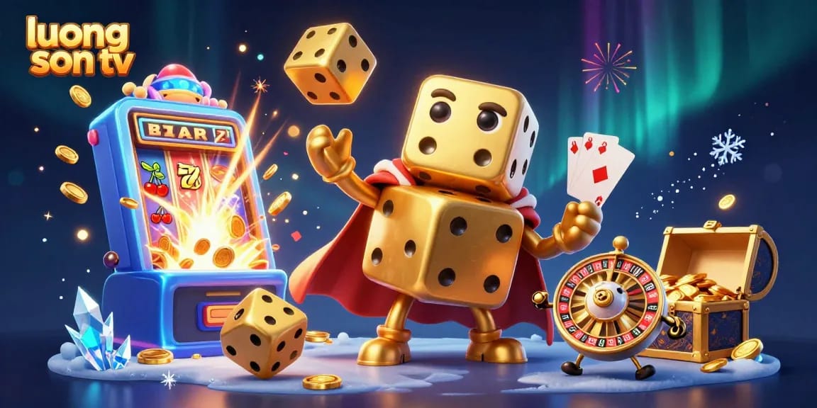 Experience thrilling wins with luong son tv as a golden dice golem juggles for fortune in a vivid casino scene.