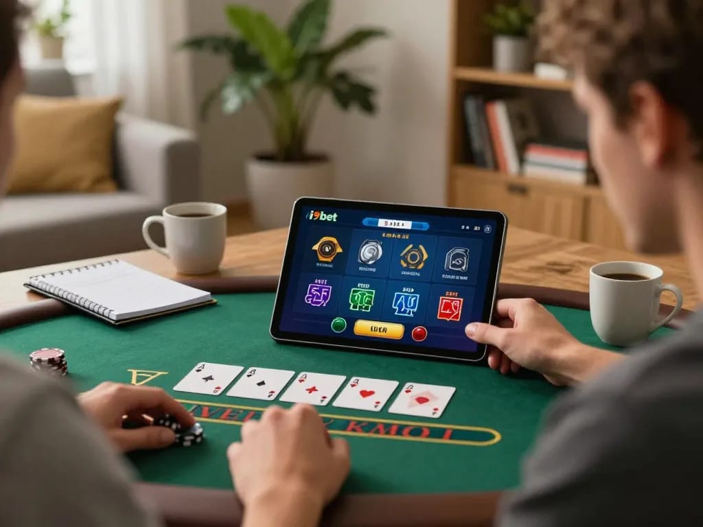 Engaged player enjoying i9bet live dealer blackjack on tablet at home, showcasing strategy notes and cozy ambiance.