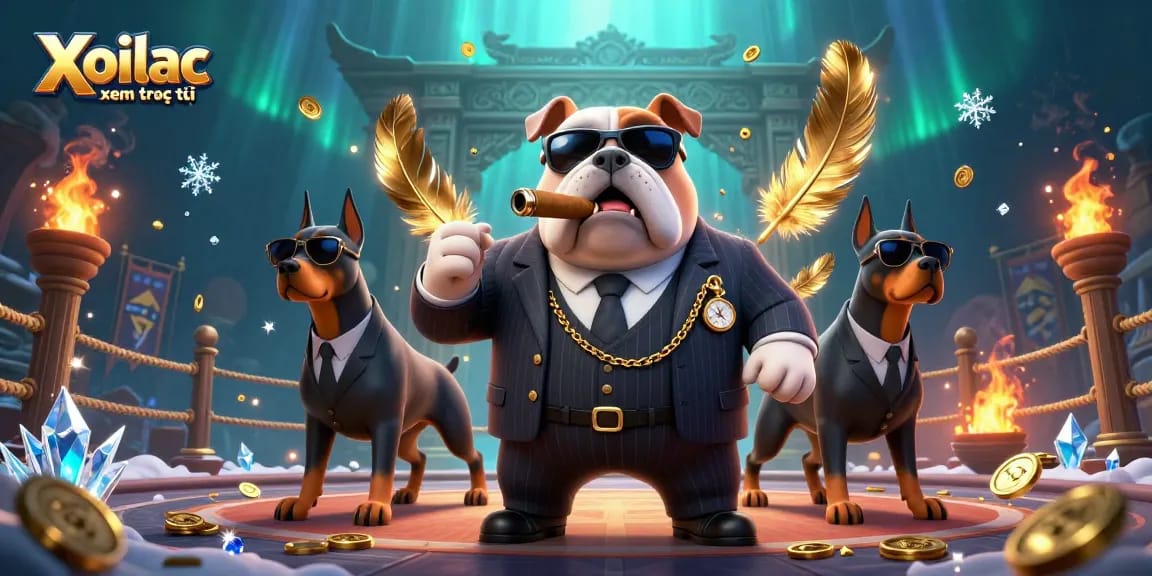 Xoilac xem trực tiếp with a cartoon mafia bulldog and bodyguard Dobermans in a casino scene