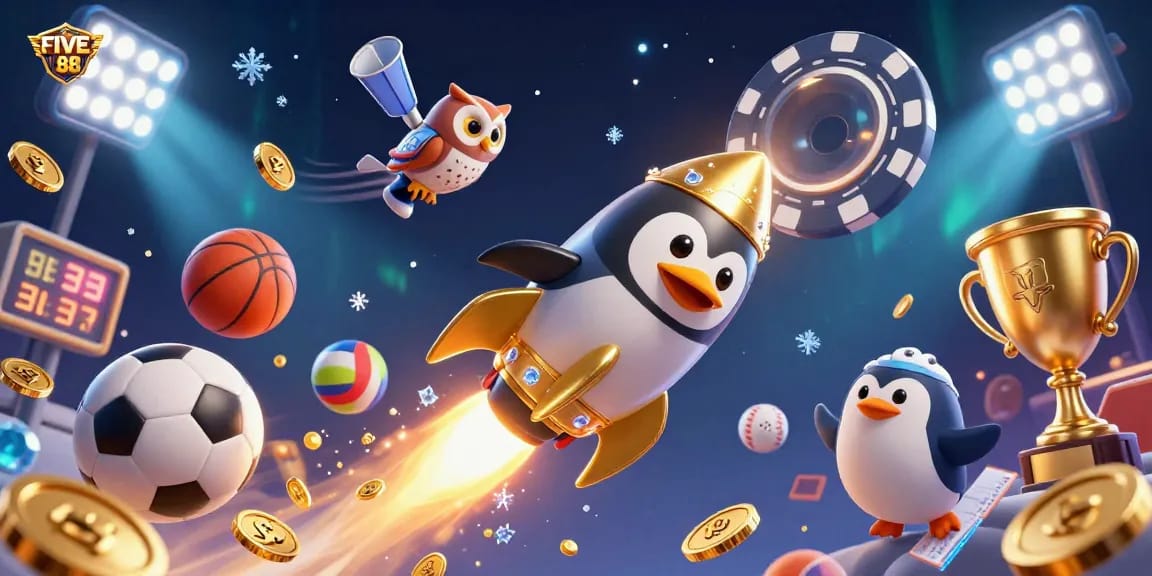 Ignite excitement with FIVE 88 as a golden penguin rockets toward a casino-themed poker chip space station.