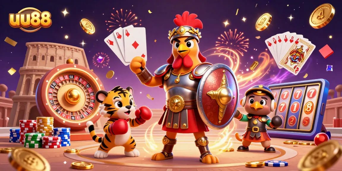 Experience thrilling gaming at uu88 with a colorful 3D rooster and immersive casino action.