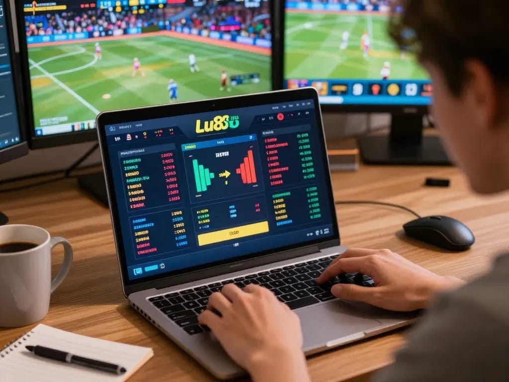 Placing bets on Lu88 uy tín platform during live sports event with laptop and notes.