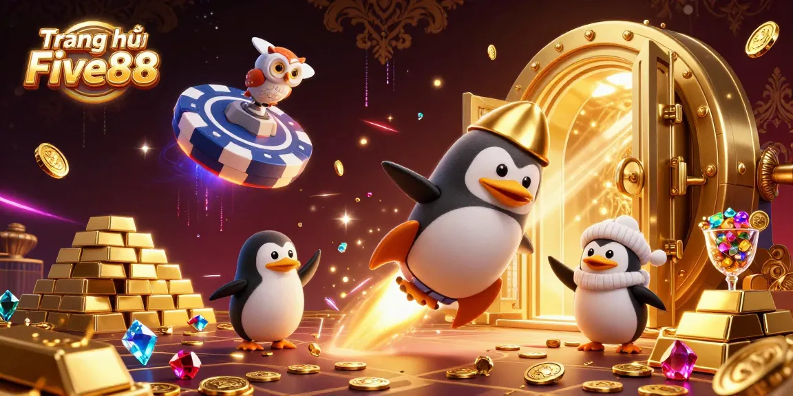 Experience the excitement on the Trang chủ Five88 with a thrilling casino adventure illustrated by a rocket-powered penguin.