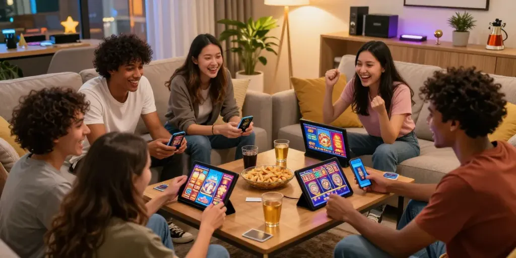 Teman-teman bermain permainan slot di ruang tamu yang ceria.