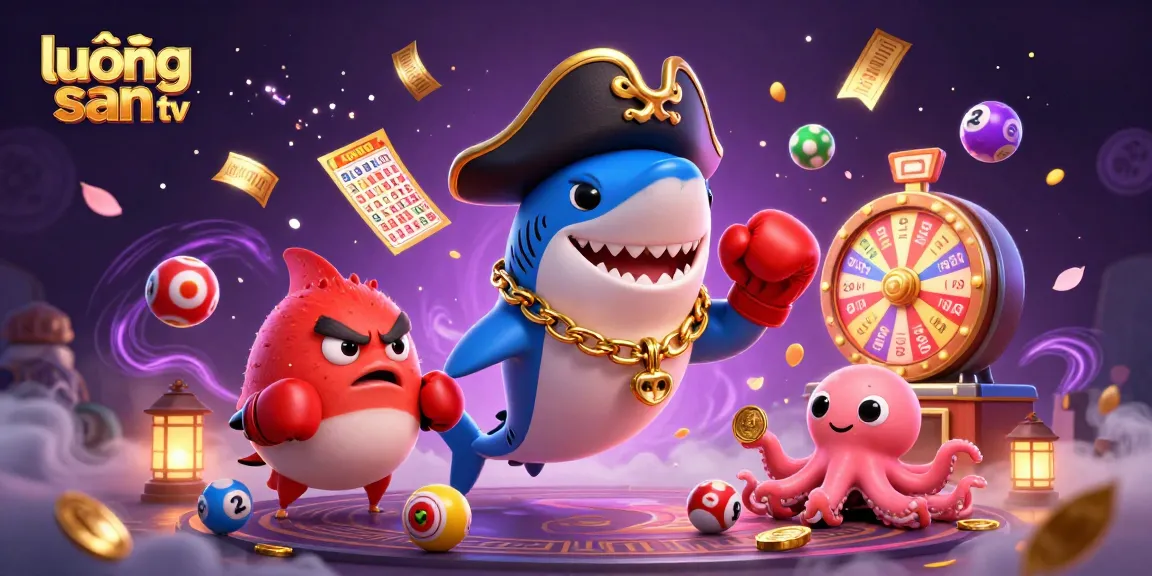 Engage with lương sơn tv through vibrant illustrations featuring dynamic gambling elements, lottery balls, and cheerful characters.