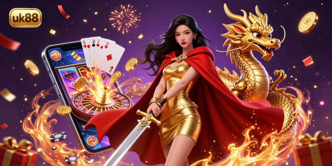 Experience exciting gambling wins with dynamic uk88 slot games surrounded by vibrant characters and dazzling effects.