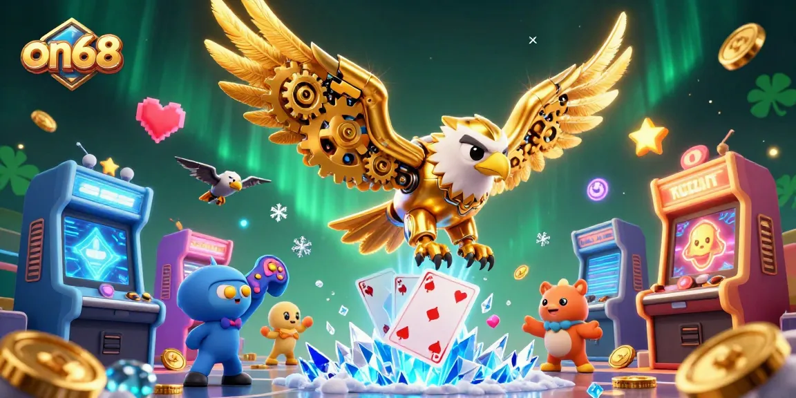Experience high-energy action at on68 with a dynamic scene of a golden eagle diving through holographic cards.
