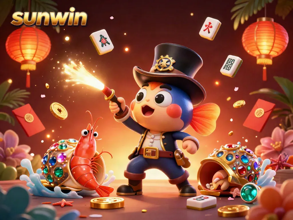 Engage with Sunwin and discover treasure while the anglerfish attracts glowing coins amid vibrant 3D game elements.