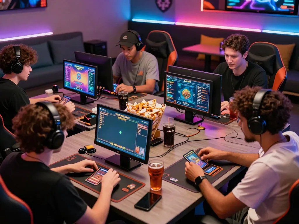 Enthusiastic gamers enjoying their experience at https://hitclub3.io/ in a lively lounge, showcasing modern gaming equipment and vibrant screens.