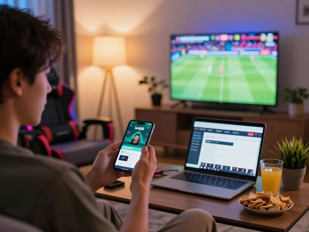 Tải app Lucky88 displayed on a smartphone in a cozy gaming environment showcasing a vibrant atmosphere and sports engagement.