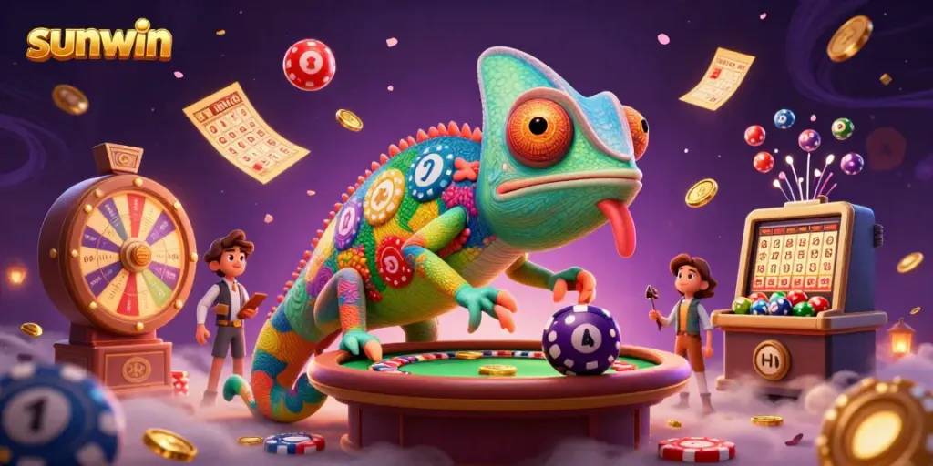 Engage in thrilling gameplay at Sunwin with vibrant casino elements in a dynamic 3D scene.