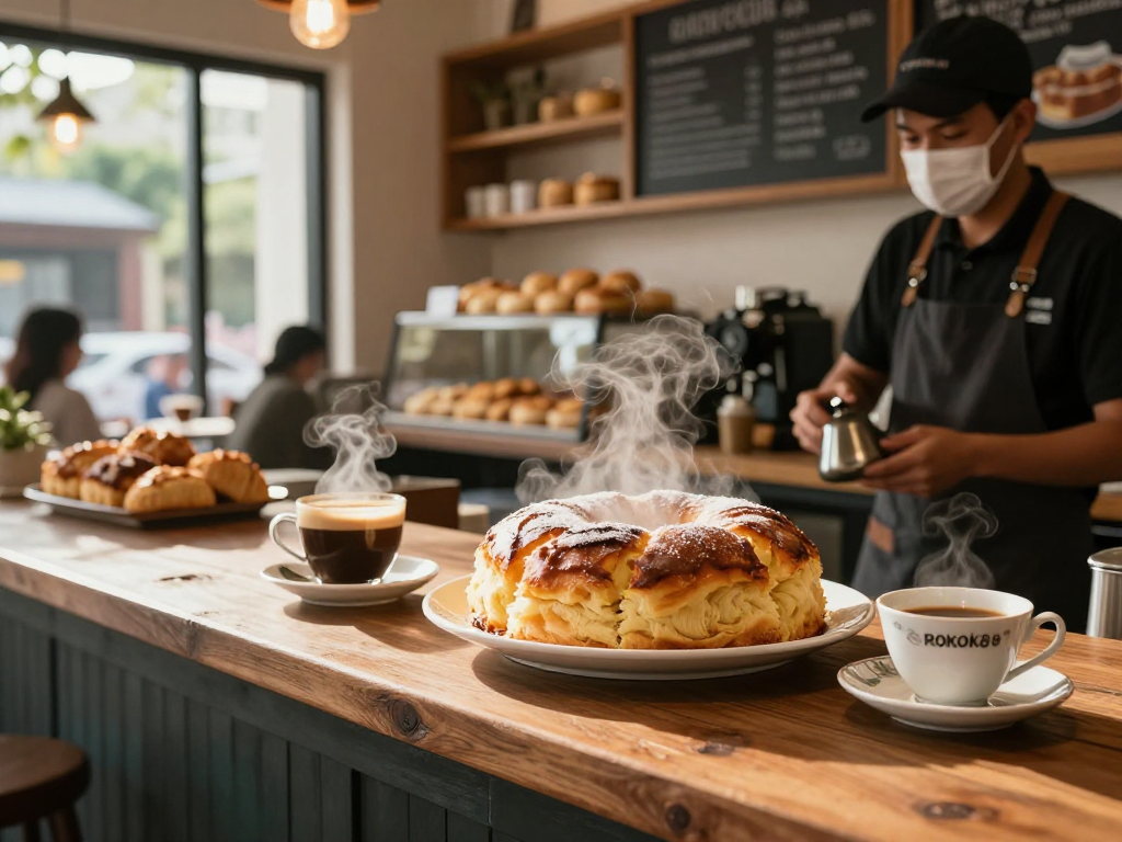 Enjoy ROKOK88 bolu bakar with coffee in a cozy café setting