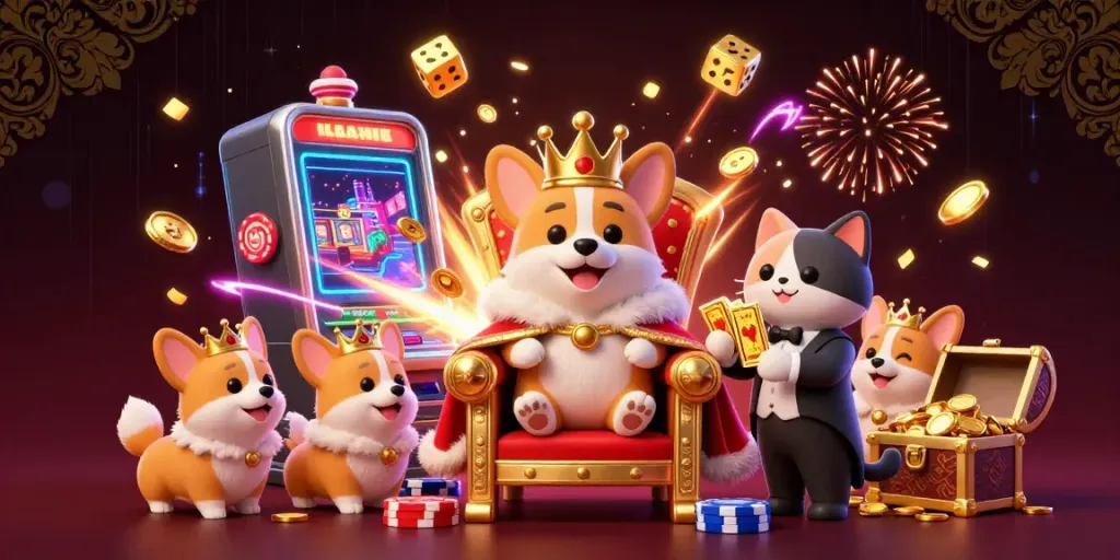 Experience the thrill of slot gaming with vibrant corgis surrounded by exciting casino elements.