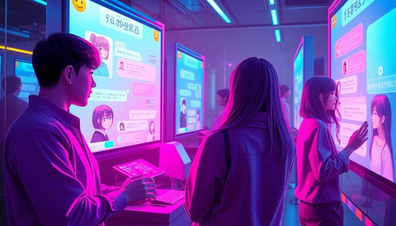 Dynamic Hentai AI chat scene with colorful characters and chat bubbles