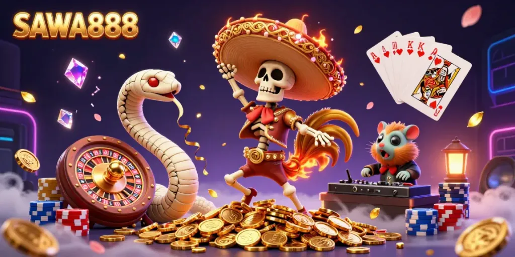 Experience the excitement of SAWA888 with a vibrant scene of a skeleton mariachi rooster celebrating on golden coins.
