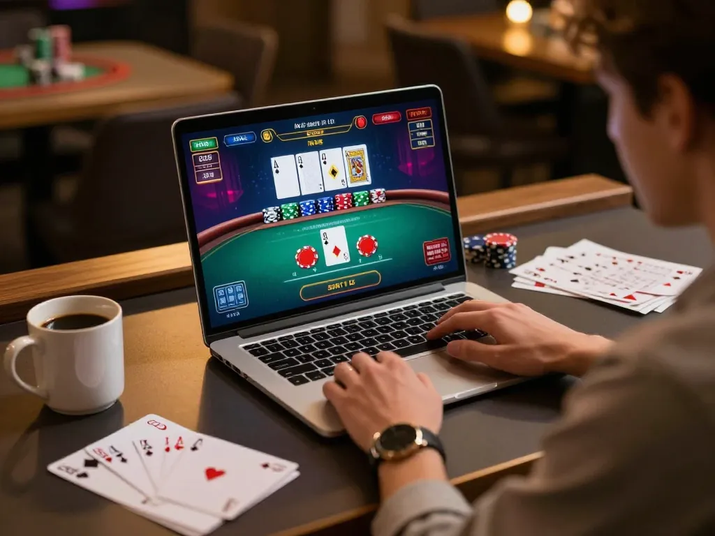 uk88 player enjoying live dealer blackjack on a laptop in a cozy gaming setup