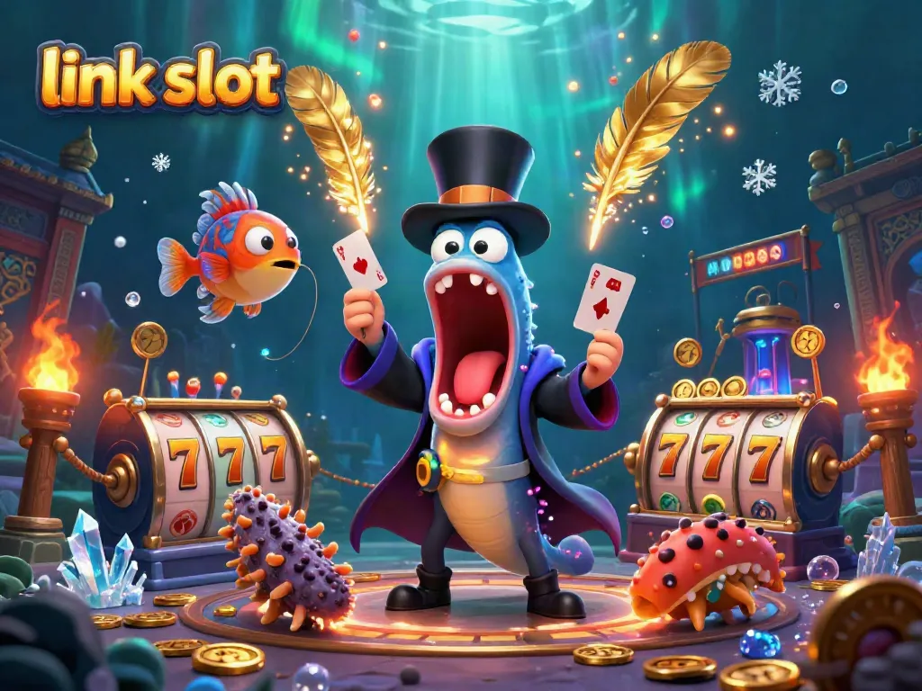 Engage in thrilling link slot experiences with vibrant animated characters performing magic in a lively casino setting.