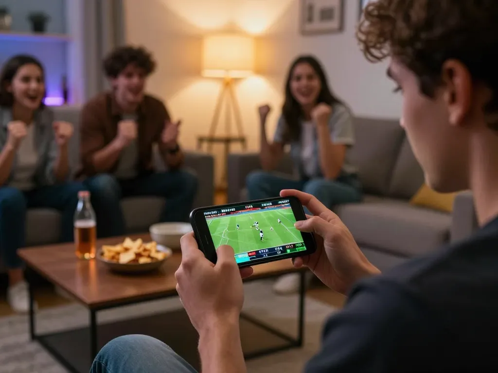 Engaged bettor using lucky88 app for live sports betting during a thrilling match