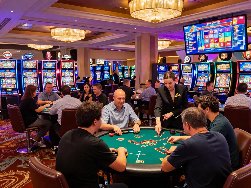 Kentastic Casino met spelers aan de speeltafels en kleurrijke gokkasten in een levendige sfeer.