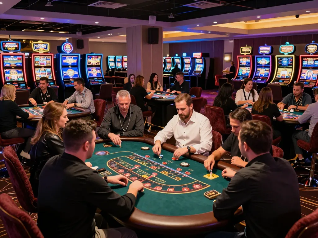 Experience thrilling gameplay at Sunwin, featuring lively casino tables and vibrant slot machines.