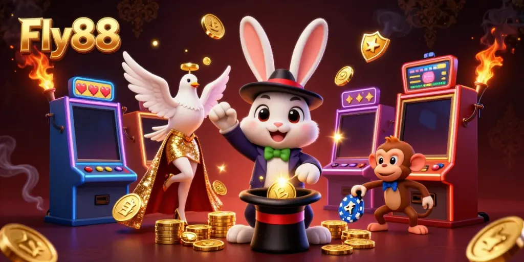 Exciting Fly88 casino experience, showcasing colorful 3D slot machines and playful characters.